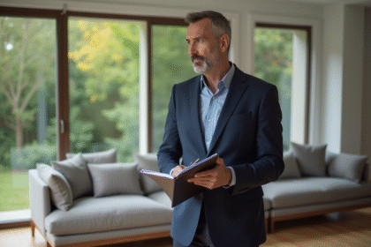 Expert immobilier examine un salon moderne avec un clipboard