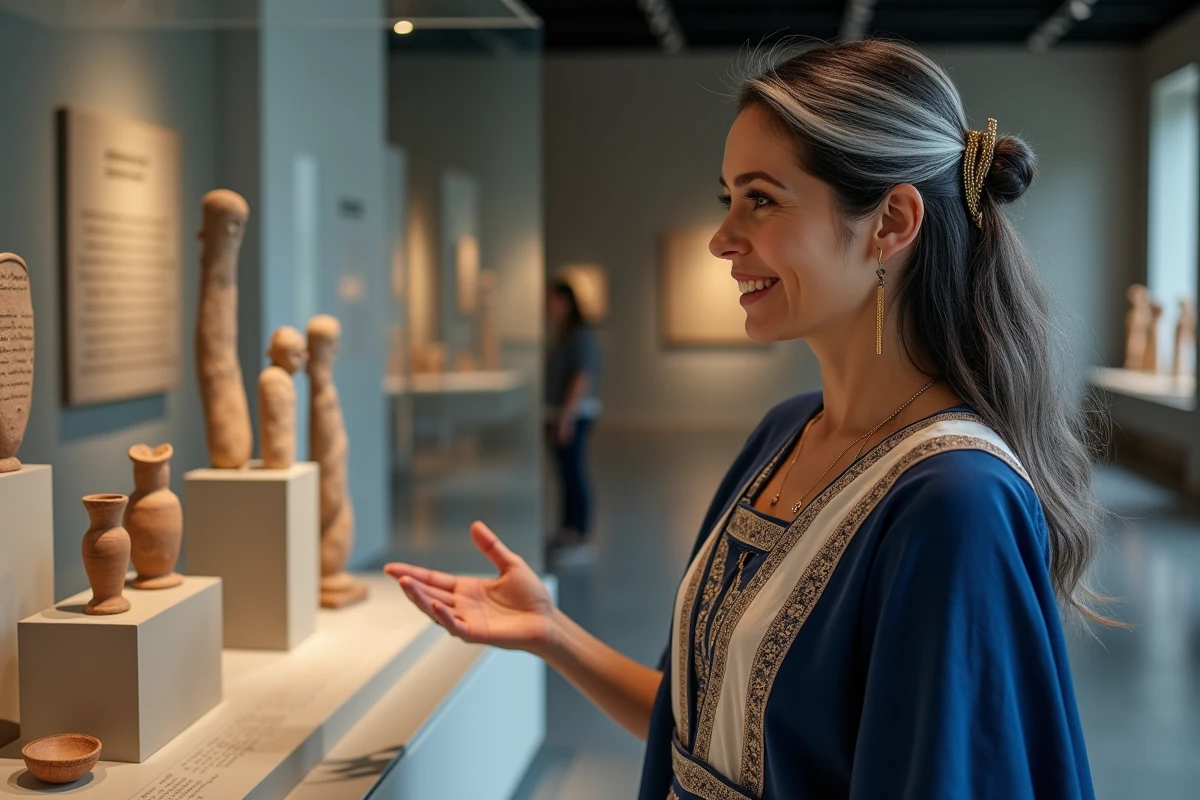 Femme expliquant des artefacts grecs anciens dans un musée, pour illustrer un article sur les déesses de la mythologie grecque pour débutants