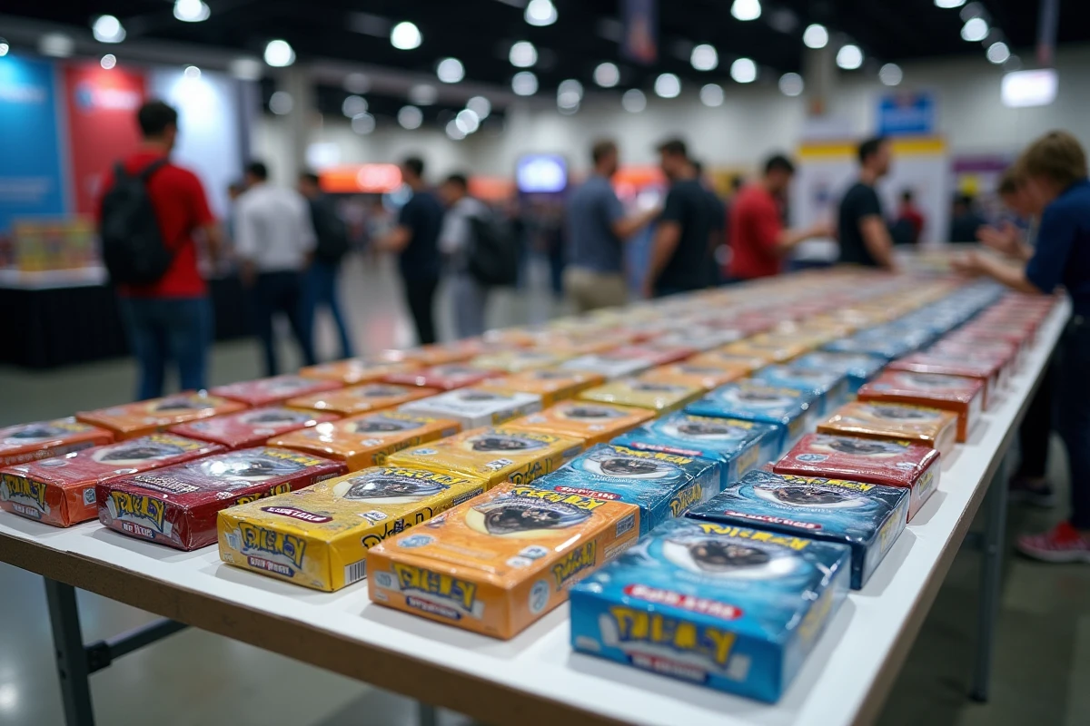 Table d'exposition de sets de cartes Pokémon organisés par date de sortie lors d'une convention de jeux de cartes à collectionner