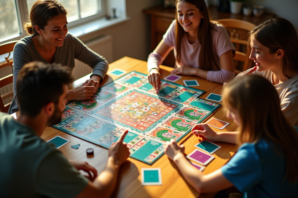 Groupe d amis jouant à Trivial Pursuit sur une table en bois