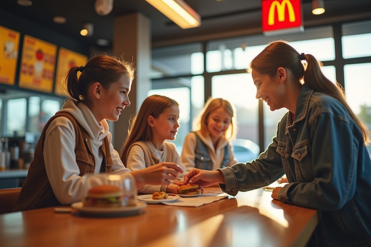 Famille souriante payant avec un cheque vacances au comptoir McDonald