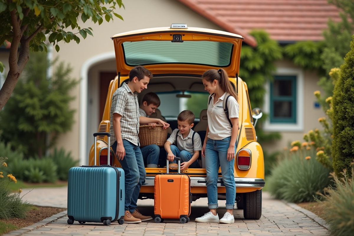 Famille préparant la voiture pour un voyage en famille