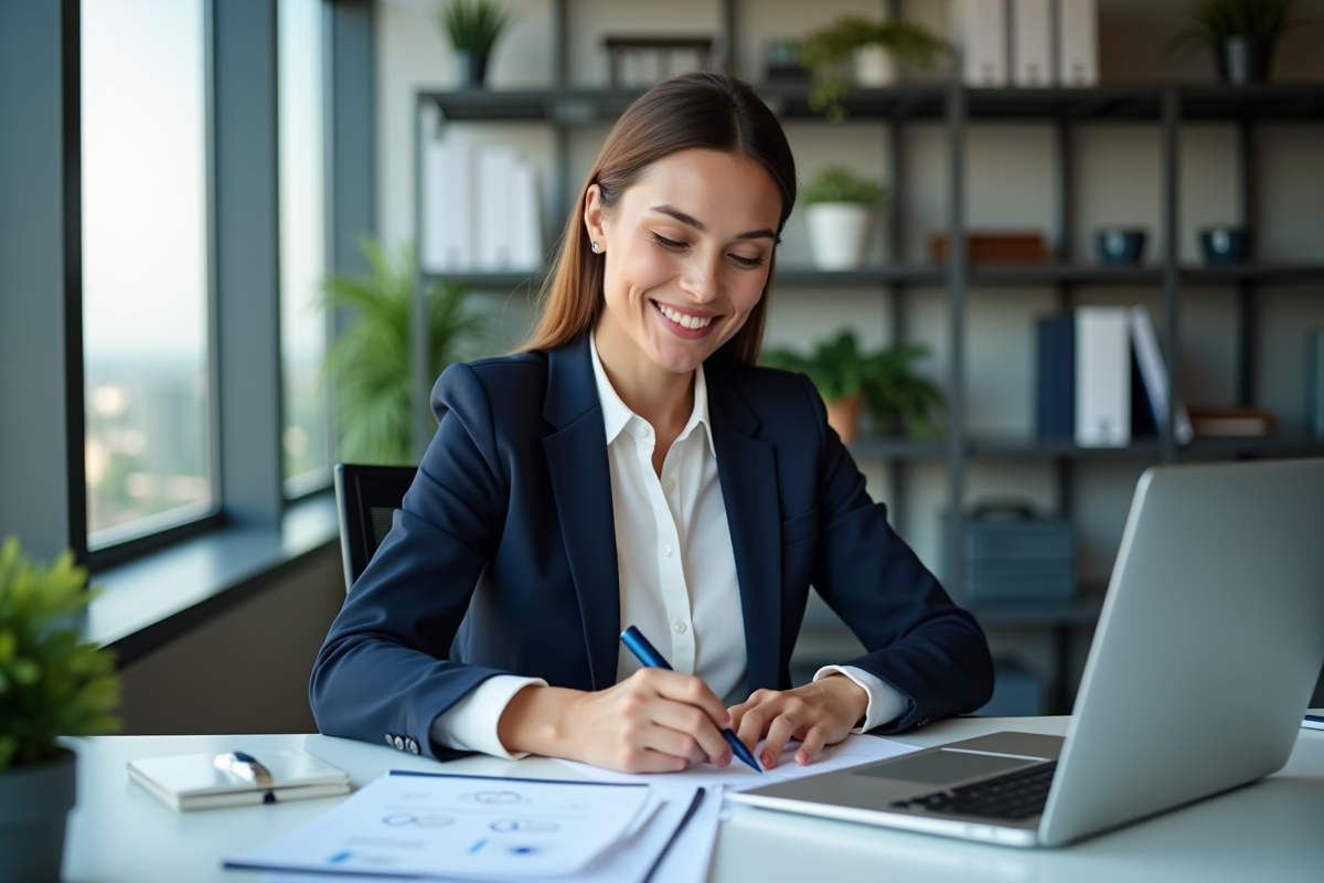 Femme d'affaires en bureau moderne avec ordinateur et documents