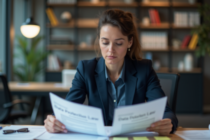 Femme d'affaires en blazer bleu examine des documents juridiques