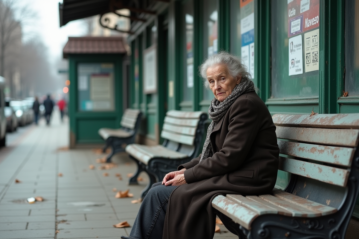 Femme âgée assise à un arrêt de bus urbain délabré