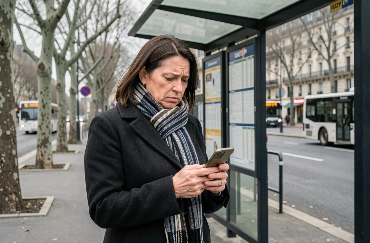 Femme consultant son téléphone à un arrêt de bus RATP en Île-de-France lors d'une grève de transport