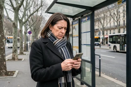 Femme consultant son téléphone à un arrêt de bus RATP en Île-de-France lors d'une grève de transport