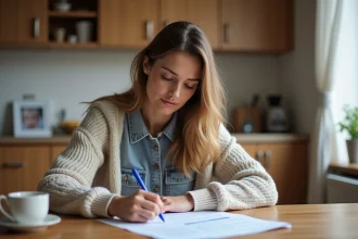 Femme remplissant une attestation d hébergement dans son appartement