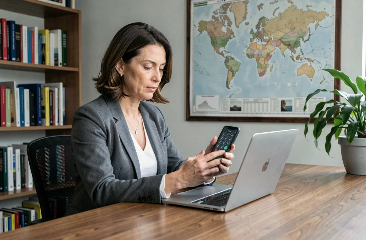 Femme en bureau consultant un indicatif téléphonique international sur son smartphone devant une carte du monde