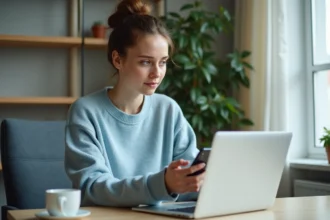 Jeune femme au bureau regardant son écran avec perplexite