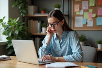Jeune femme au bureau lisant sur son ordinateur dans un bureau cosy