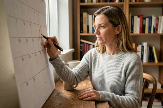 Femme consultant un calendrier papier 2026 pour identifier les semaines paires, assise à un bureau en bois dans un bureau à domicile