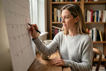 Femme consultant un calendrier papier 2026 pour identifier les semaines paires, assise à un bureau en bois dans un bureau à domicile