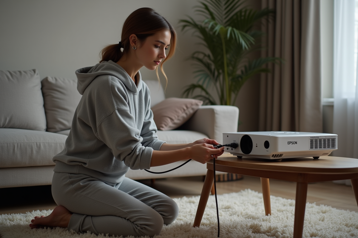 Jeune femme connectant un projecteur dans un appartement cosy