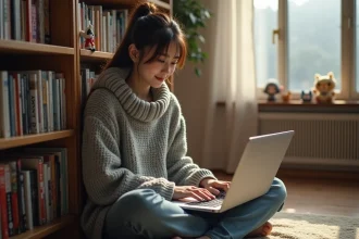 Jeune femme consultant les mises à jour de mangas sur un site de scan en ligne depuis son ordinateur portable, entourée de volumes manga