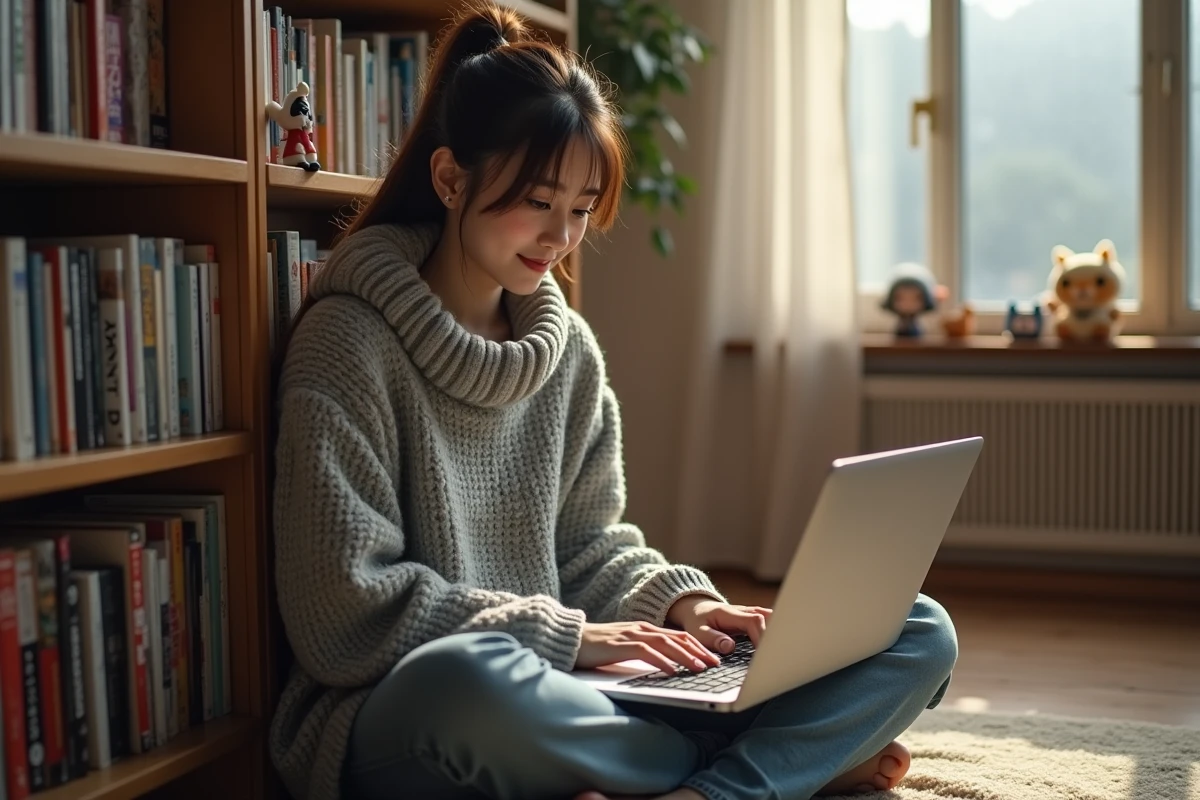 Jeune femme consultant les mises à jour de mangas sur un site de scan en ligne depuis son ordinateur portable, entourée de volumes manga