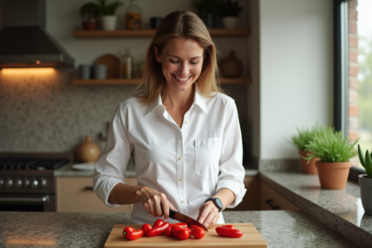 Femme souriante coupant des piments rouges dans la cuisine