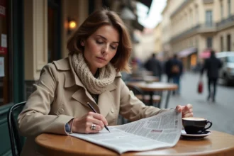 Femme assise à une terrasse à Belgrade en trench beige lisant un journal
