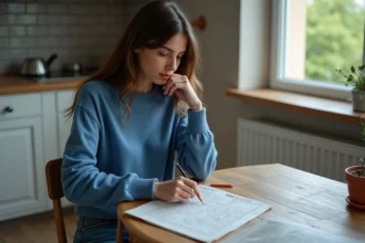 Jeune femme en sweater bleu résolvant un sudoku au petit matin