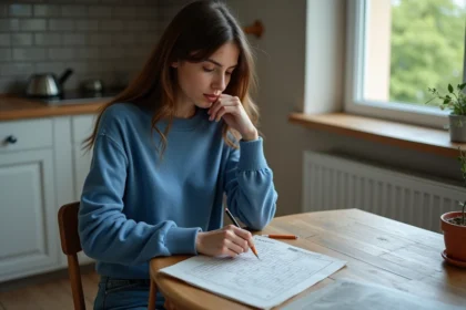Jeune femme en sweater bleu résolvant un sudoku au petit matin