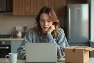 Femme assise à la cuisine avec ordinateur et colis non ouvert