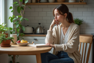 Femme pensant à la cuisine avec journal et fruits