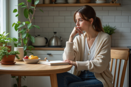 Femme pensant à la cuisine avec journal et fruits