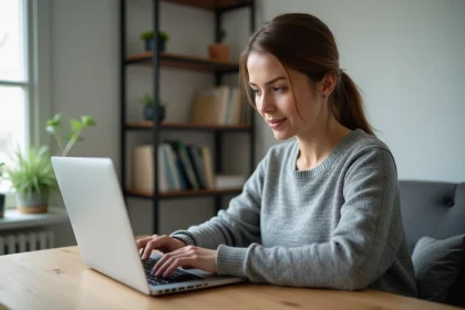 Femme utilisant un ordinateur portable pour découvrir un nouveau site web en 2026, guide utilisateur Tarbob