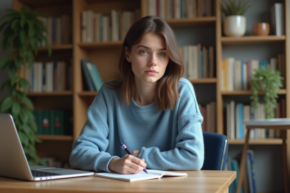 Jeune femme écrivant dans un carnet dans un bureau cosy