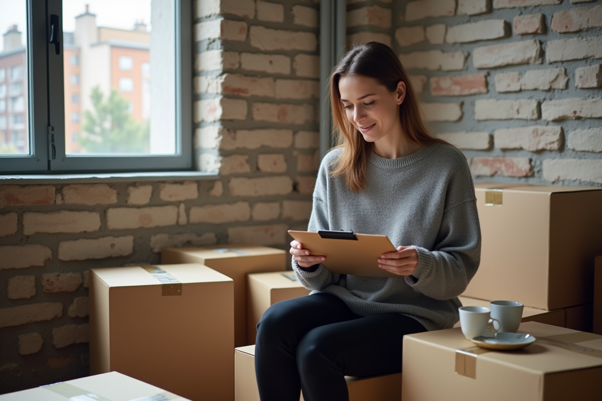 Jeune femme assise sur une boîte de déménagement dans un appartement urbain