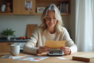 Femme d'âge moyen pesant une enveloppe avec timbres dans la cuisine