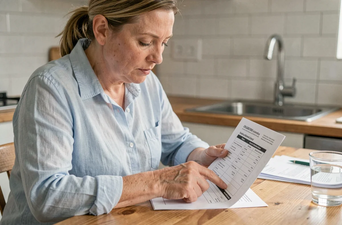 Femme consultant un tableau de conversion litres m3 pour calculer sa facture d'eau à la maison