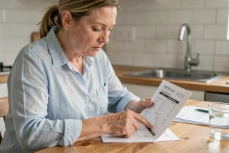 Femme consultant un tableau de conversion litres m3 pour calculer sa facture d'eau à la maison