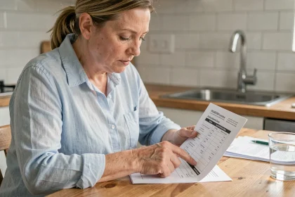 Femme consultant un tableau de conversion litres m3 pour calculer sa facture d'eau à la maison