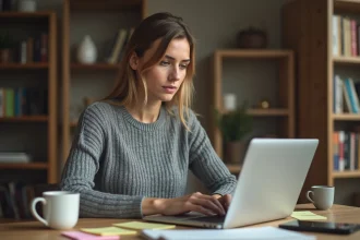 Femme en home office rédigeant un avis utilisateur sur un ordinateur portable en 2026