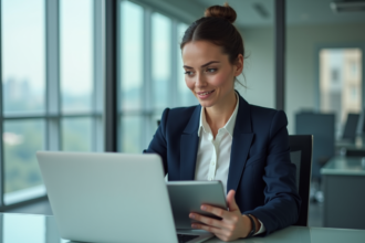 Femme professionnelle en bureau comparant des annonces immobilières