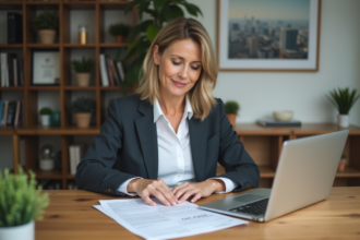 Femme d'âge moyen examinant des documents immobiliers à son bureau