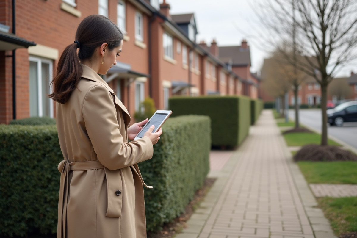 Jeune femme compare des détails immobiliers sur une tablette dans la rue