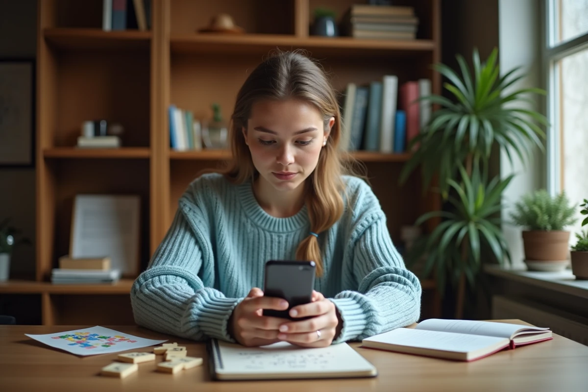 Femme jouant au jeu 4 images un mot sur smartphone avec des lettres éparpillées sur un bureau en bois