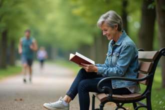 Femme lisant dans un parc en denim et baskets