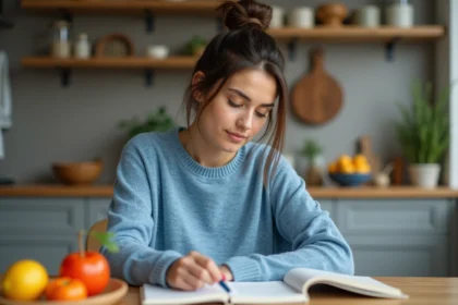Femme lisant un livre de nutrition dans une cuisine moderne