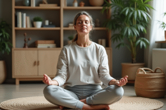 Femme méditant en intérieur dans un salon cosy
