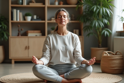 Femme méditant en intérieur dans un salon cosy
