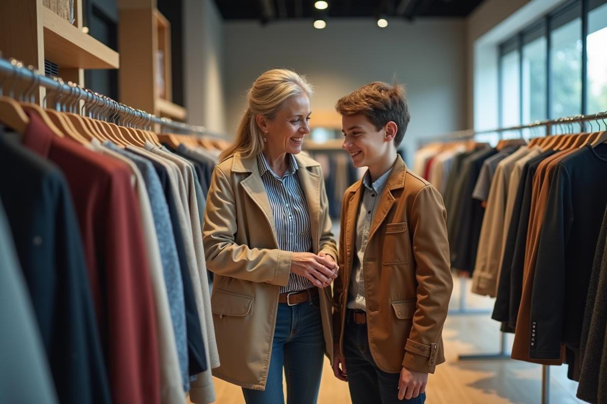 Femme et adolescent souriant lors de shopping en boutique