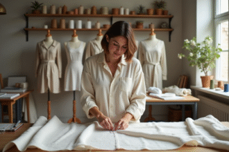 Femme en atelier de couture mesurant du tissu avec ambiance inspirante