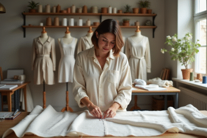 Femme en atelier de couture mesurant du tissu avec ambiance inspirante