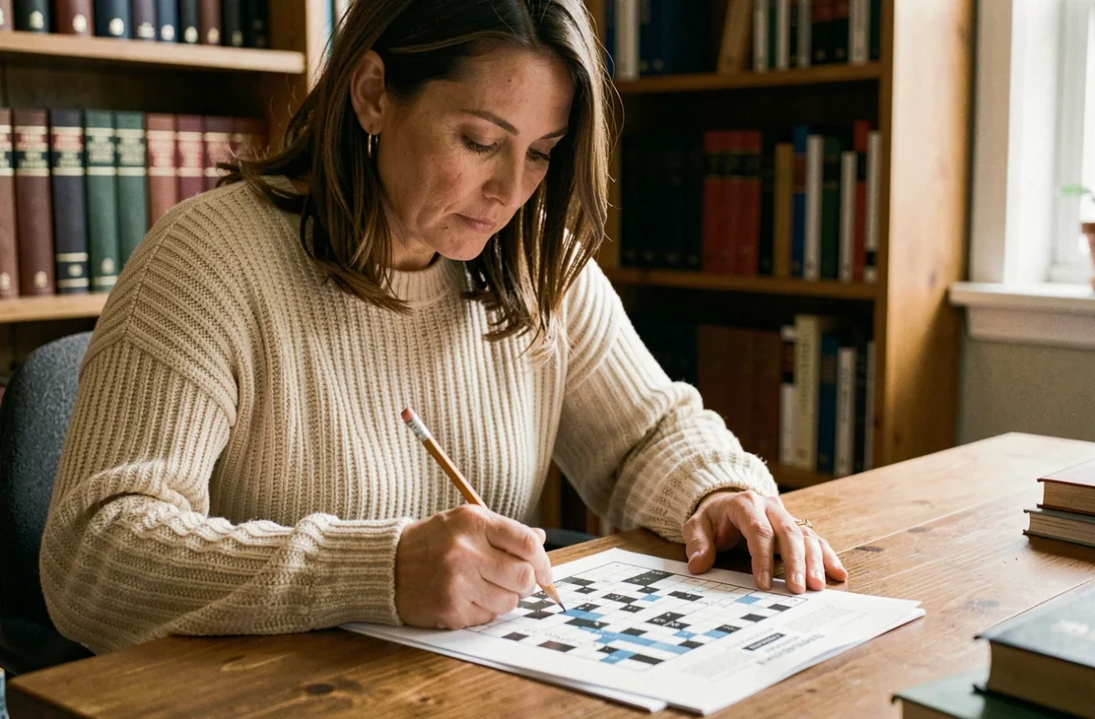 Femme résolvant une grille de mots croisés type Codycross sur un bureau en bois entouré de dictionnaires