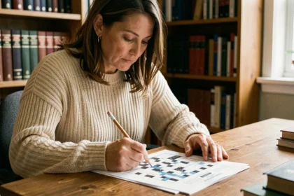 Femme résolvant une grille de mots croisés type Codycross sur un bureau en bois entouré de dictionnaires