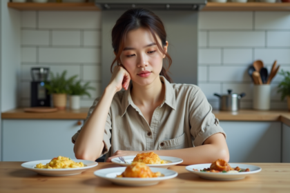 Jeune femme compare différents œufs cuits dans la cuisine moderne