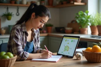 Jeune femme planifiant ses routes de production à la maison